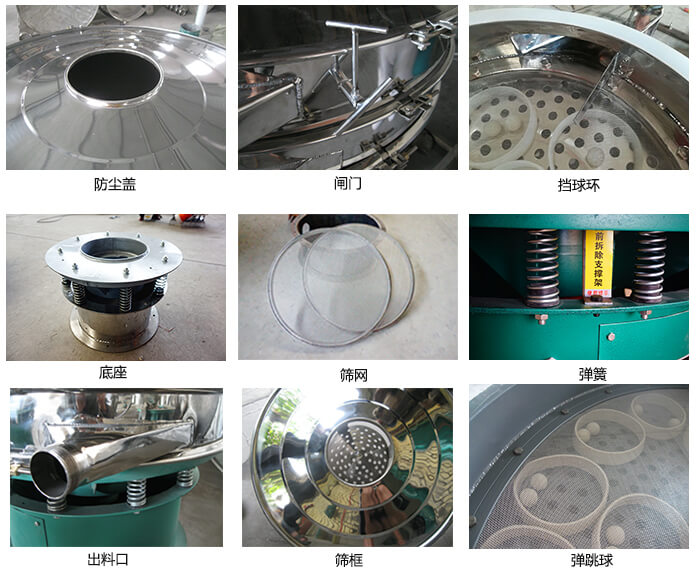 直徑600型振動篩細節：網架，料斗，篩框，擋球環，防塵蓋，閘門，出料口。