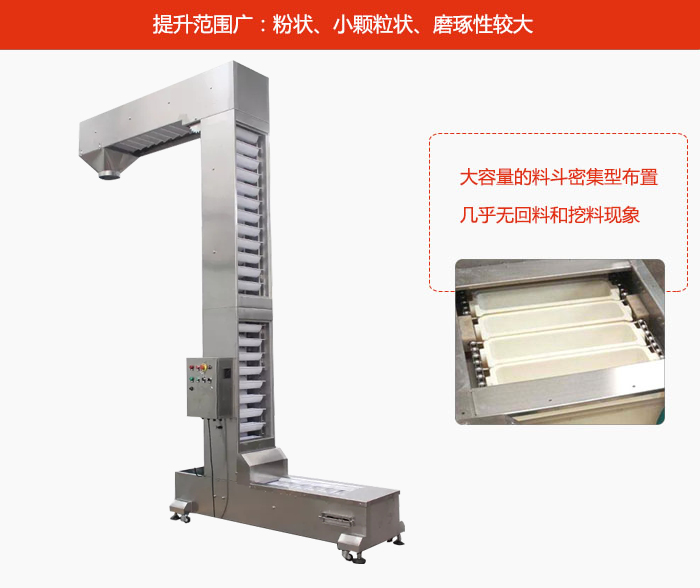 Z型斗式提升機的提升范圍廣：粉狀，小顆粒狀，磨琢性較大的物料都可輸送。