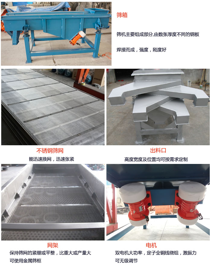 520型直線振動篩結(jié)構(gòu)：篩箱：篩機(jī)主要組成部分，由數(shù)張厚度不同的鋼板焊制而成，強(qiáng)度，剛度好。不銹鋼篩網(wǎng)：能迅速換網(wǎng)，迅速張緊。電機(jī)：雙電機(jī)大功率，定子全銅線繞組，激振力可無極調(diào)節(jié)。網(wǎng)架：保持篩網(wǎng)的緊繃和平整，比重大或產(chǎn)量大時可使用金屬篩框。出料口：高度寬度及位置均可按照用戶的要求來定制。