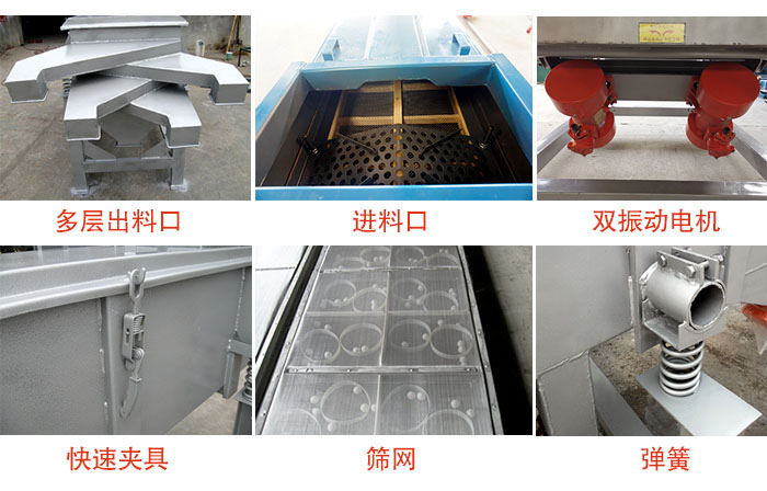 多層直線振動篩出料口，篩網(wǎng)，彈簧，快速夾具，振動電機等