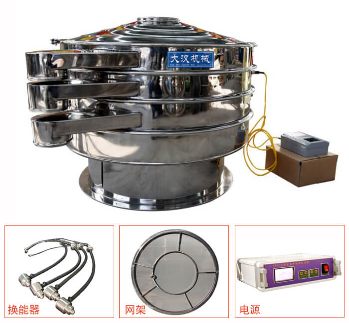  全不銹鋼超聲波振動篩內(nèi)部組成：換能器，網(wǎng)架，電源。