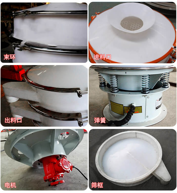 塑料防腐蝕振動篩細節:進料口，框體，網架底框，出料口等。