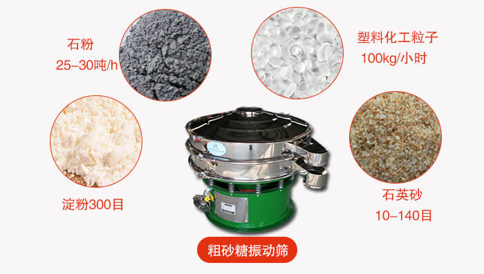 　粗砂糖振動(dòng)篩更多適用范圍:食品行業(yè)，化工行業(yè)，制藥行業(yè)，行業(yè)，冶金行業(yè)等。